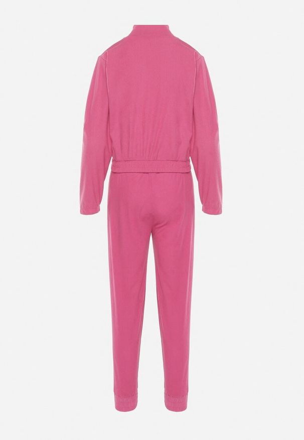 Born2be - Fuksjowy Komplet Dresowy z Prążkowanego Materiału Bluza z Kołnierzykiem i Spodnie z Gumką w Pasie Kerulla. Kolor: różowy. Materiał: dresówka, materiał, prążkowany