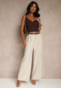 Renee - Jasnobeżowe Spodnie o Szerokim Kroju High Waist Dolarenna. Okazja: na co dzień. Stan: podwyższony. Kolor: beżowy. Styl: elegancki, casual