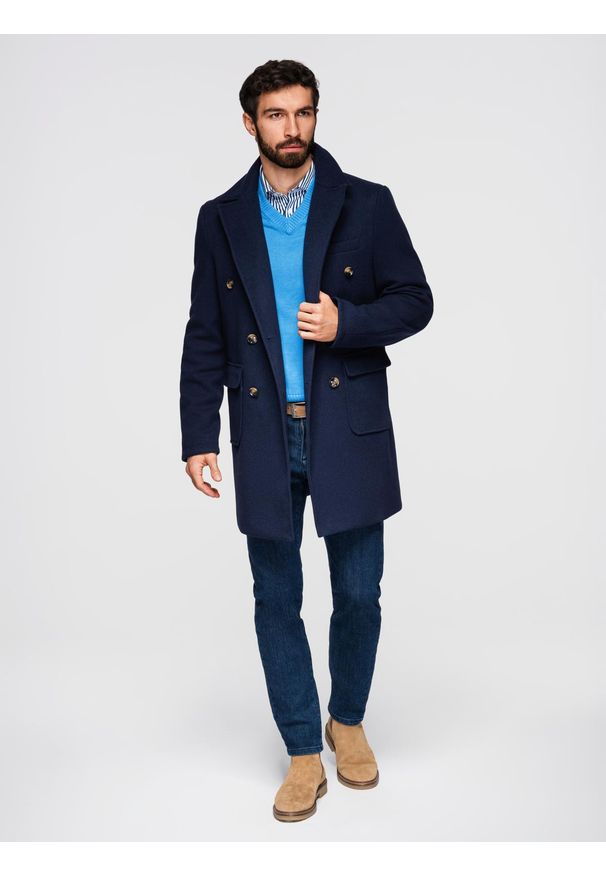 Ombre Clothing - Dwurzędowy męski płaszcz z ozdobnymi guzikami – indygo V1 - Rozmiar: XL. Typ kołnierza: kołnierz rewers. Materiał: poliester, materiał. Długość: długie. Styl: elegancki, klasyczny, wizytowy