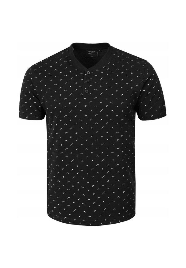 Męski T-Shirt, Dekolt z Guzikami - Pako Jeans - Czarny, Drobny Wzór. Okazja: na co dzień. Kolor: czarny. Materiał: bawełna. Styl: casual
