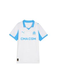 Puma - Damska koszulka domowa Olympique Marsylia 25/26 PUMA White Bleu Azur Blue. Kolor: niebieski, wielokolorowy, biały. Sport: piłka nożna