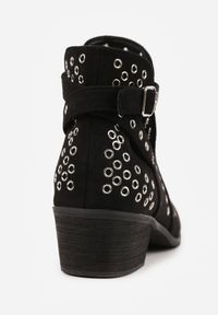 Born2be - Czarne Botki Kowbojki Vices na Obcasie Ozdobione Wycięciem i Metalicznymi Wstawkami Nelori. Okazja: na co dzień. Zapięcie: sprzączka. Kolor: czarny. Materiał: jeans. Wzór: aplikacja. Obcas: na obcasie. Styl: casual, klasyczny. Wysokość obcasa: średni #4