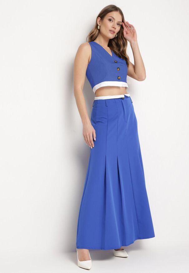 Born2be - Niebieska Spódnica Maxi Rozkloszowana w Garniturowym Stylu Araxna. Okazja: na co dzień. Kolor: niebieski. Styl: casual