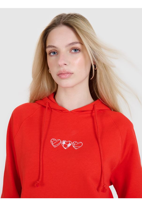 4f - 4F Bluza dresowa nierozpinana z kapturem damska - czerwona XL. Okazja: na co dzień. Typ kołnierza: kaptur. Kolor: czerwony. Materiał: dresówka. Długość rękawa: raglanowy rękaw. Wzór: gładki, ze splotem, haft. Styl: sportowy, casual