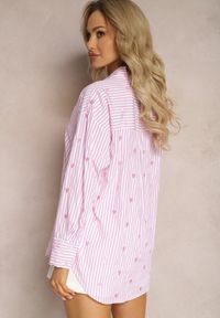 Renee - Różowa Koszula z Bawełny w Paski z Wyhaftowanymi Serduszkami Aleriesa. Kolor: różowy. Materiał: bawełna. Wzór: paski
