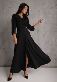 Renee - Czarna Elegancka Sukienka o Kopertowym Kroju Zdobiona Aplikacją w Talii Zilendra. Kolor: czarny. Wzór: aplikacja. Typ sukienki: kopertowe. Styl: elegancki #4