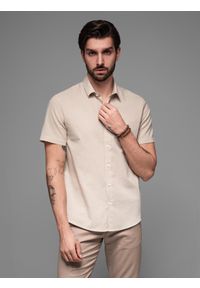 Ombre Clothing - Koszula męska z lnu i bawełny z krótkim rękawem i kieszonką – beżowa V4 - Rozmiar: XL. Kolor: beżowy. Materiał: len, bawełna. Długość rękawa: krótki rękaw. Długość: krótkie. Sezon: lato
