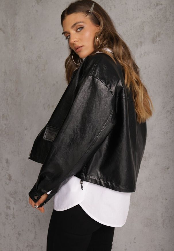 Renee - Czarna Kurtka Ramoneska Bomber z Kieszeniami z Klapami Nealira. Okazja: na co dzień. Kolor: czarny. Materiał: poliester, skóra. Styl: casual, rockowy