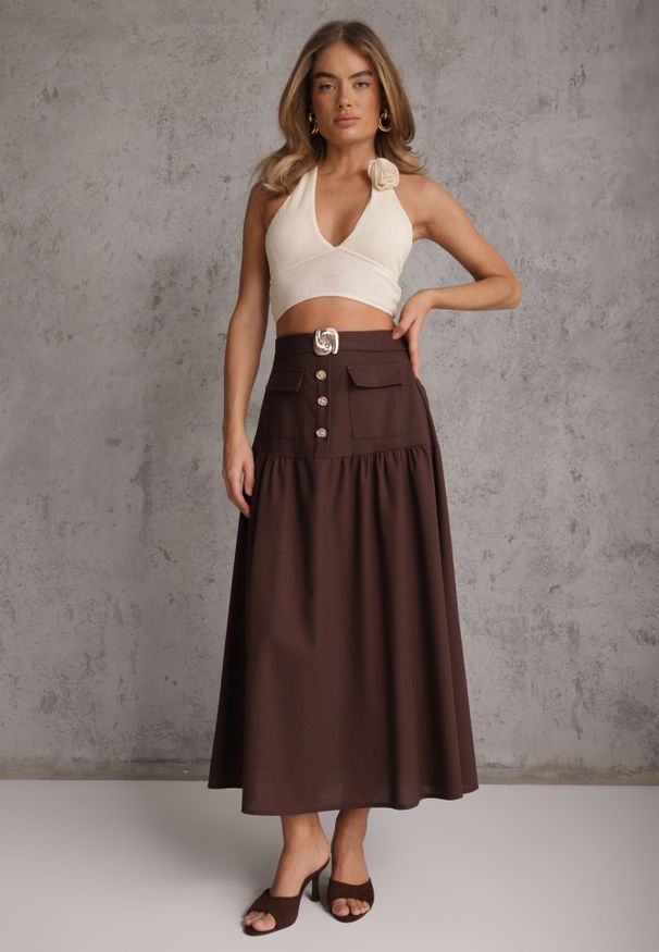 Renee - Brązowa Elegancka Spódnica z Wiskozą i Lnem o Rozkloszowanym Kroju Phridoe. Okazja: na co dzień. Kolor: brązowy. Materiał: wiskoza, len. Wzór: gładki. Styl: elegancki