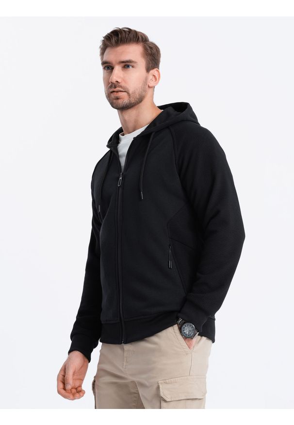 Ombre Clothing - Bluza męska rozpinana z kapturem - czarna V5 - Rozmiar: XXL. Typ kołnierza: kaptur. Kolor: czarny. Materiał: tkanina, poliester, bawełna. Wzór: nadruk