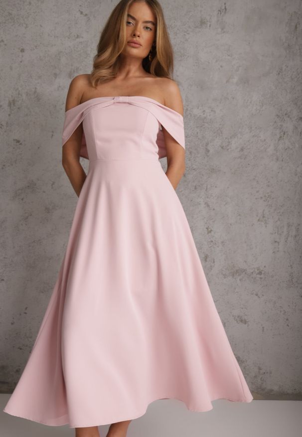 Renee - Różowa Rozkloszowana Sukienka Koktajlowa VICES z Hiszpańskim Dekoltem Neamerianne. Okazja: na wesele, na ślub cywilny. Typ kołnierza: dekolt hiszpanka. Kolor: różowy. Materiał: lakier, poliester. Typ sukienki: rozkloszowane. Styl: wizytowy