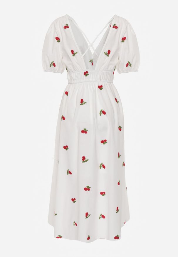 Renee - Biała Rozkloszowana Koktajlowa Sukienka z Bawełny z Gumką w Talii i Haftem z Wisienkami Vimasina. Okazja: na co dzień. Kolor: biały. Materiał: bawełna. Wzór: haft. Typ sukienki: proste. Styl: wizytowy