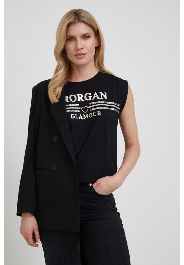 Morgan t-shirt damski kolor czarny. Okazja: na co dzień. Kolor: czarny. Materiał: dzianina. Wzór: nadruk, aplikacja. Styl: casual
