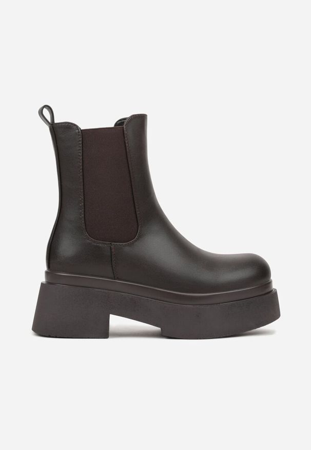 Renee - Brązowe Botki Sztyblety na Platformie Tevirka. Zapięcie: pasek. Kolor: brązowy. Materiał: satyna, jeans. Obcas: na platformie