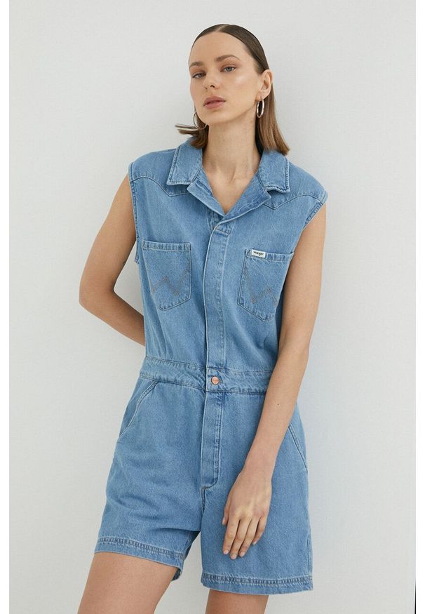 Wrangler kombinezon jeansowy kolor niebieski z dekoltem w szpic. Okazja: na co dzień. Kolor: niebieski. Materiał: jeans. Styl: casual