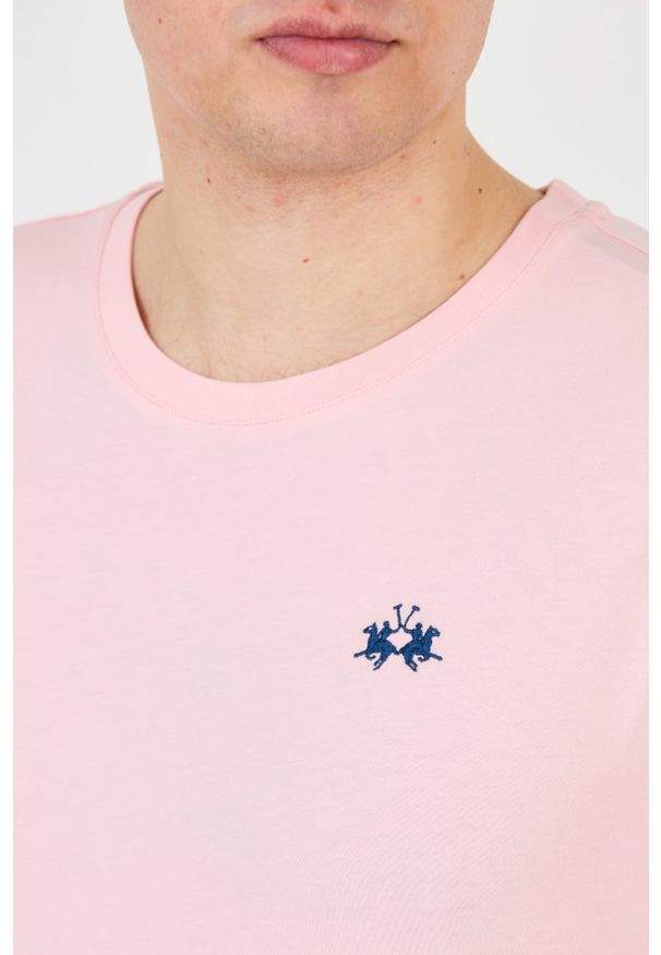La Martina - LA MARTINA Różowy męski t-shirt z małym logo, Rozmiar L. Kolor: różowy