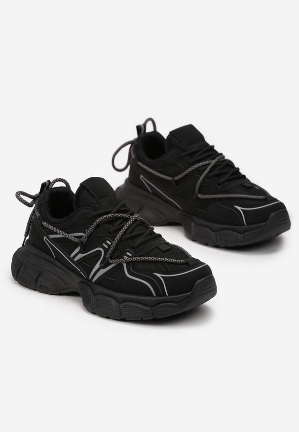 Born2be - Czarne Sneakersy z Ekoskóry na Grubej Podeszwie z Podwójnym Sznurowaniem Cellira. Zapięcie: sznurówki. Kolor: czarny. Materiał: jeans. Wzór: aplikacja