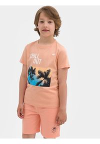 4f - T-shirt z nadrukiem chłopięcy. Kolor: różowy. Materiał: bawełna. Wzór: nadruk #1
