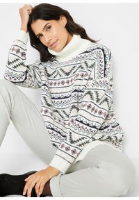 bonprix - Sweter w norweski wzór. Kolor: biały. Materiał: dzianina