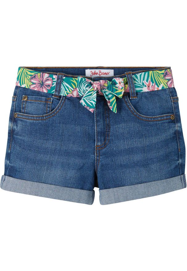 bonprix - Szorty dżinsowe ze stretchem z paskiem. Kolor: niebieski. Wzór: kolorowy