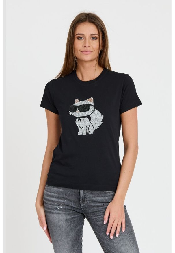 Karl Lagerfeld - KARL LAGERFELD Czarny damski t-shirt Ikonik 2.0, Rozmiar S. Kolor: czarny