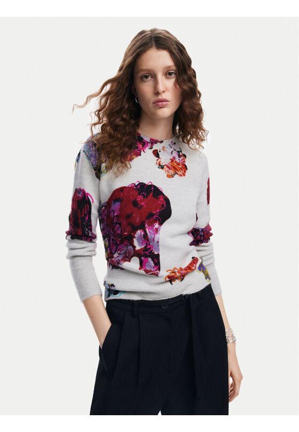 Desigual Sweter Maxflower 24WWJF53 Szary Regular Fit. Kolor: szary. Materiał: syntetyk