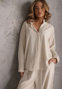 Renee - Jasnobeżowy Komplet z Wiskozy i Lnu w Delikatne Prążki Koszula i Spodnie Wide Leg Cliffesa. Kolor: beżowy. Materiał: wiskoza, len. Wzór: prążki #3