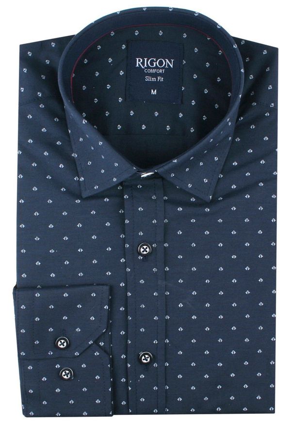 Męska Koszula, Taliowana (Slim Fit) - Rigon - Granatowa, Drobny Wzór. Okazja: do pracy, na spotkanie biznesowe. Kolor: niebieski. Materiał: bawełna, poliester, elastan. Długość rękawa: długi rękaw. Długość: długie. Styl: wizytowy, elegancki, biznesowy