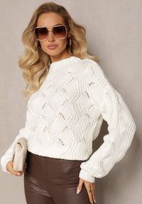 Renee - Jasnobeżowy Sweter Oversize z Ozdobnym Splotem Boeda. Kolor: beżowy. Wzór: ze splotem #3