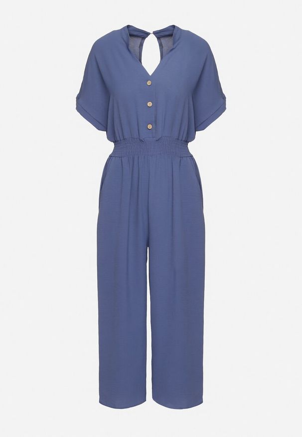 Born2be - Granatowy Wiskozowy Kombinezon o Taliowanym Kroju z Szerokimi Nogawkami Delsea. Okazja: do pracy. Kolor: niebieski. Materiał: wiskoza. Długość rękawa: krótki rękaw. Długość: krótkie. Styl: elegancki