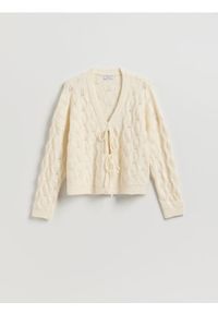 Reserved - Kardigan z wiązaniem - kremowy. Kolor: kremowy. Materiał: wełna, dzianina #1