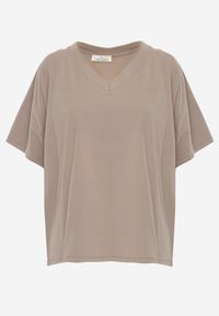 Renee - Beżowy T-shirt Bawełniany z Dekoltem w V Adozixie. Okazja: na co dzień. Kolor: beżowy. Materiał: bawełna. Styl: street, casual #2