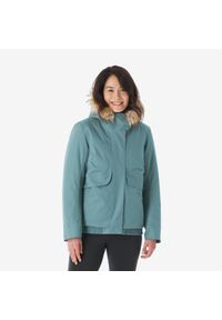 quechua - Kurtka turystyczna damska zimowa Quechua NH500 -8°C wodoodporna. Kolor: zielony, biały, wielokolorowy. Materiał: futro, materiał. Sezon: zima. Sport: turystyka piesza