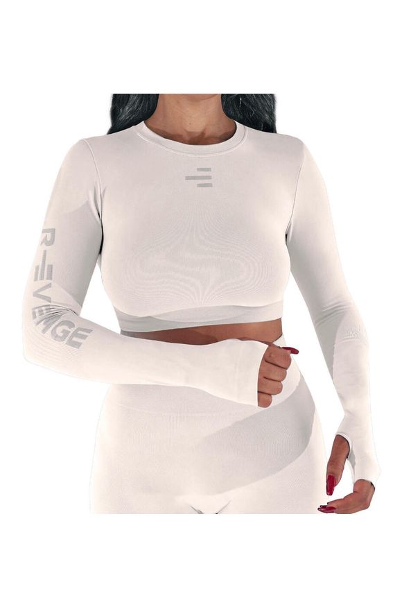 R-EVENGE - Damska koszulka techniczna z długim rękawem do wszystkich ćwiczeń na siłowni. Kolor: biały. Materiał: elastan. Długość rękawa: długi rękaw. Długość: długie. Sport: fitness