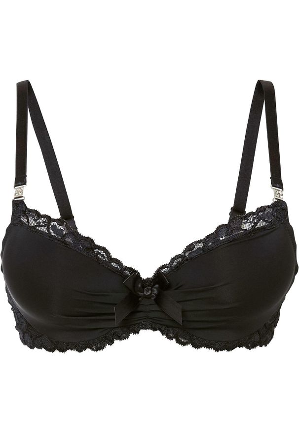 bonprix - Biustonosz z usztywnianymi miseczkami z poliamidu z recyklingu. Kolor: czarny. Materiał: satyna, poliamid, koronka. Wzór: aplikacja, paski, koronka