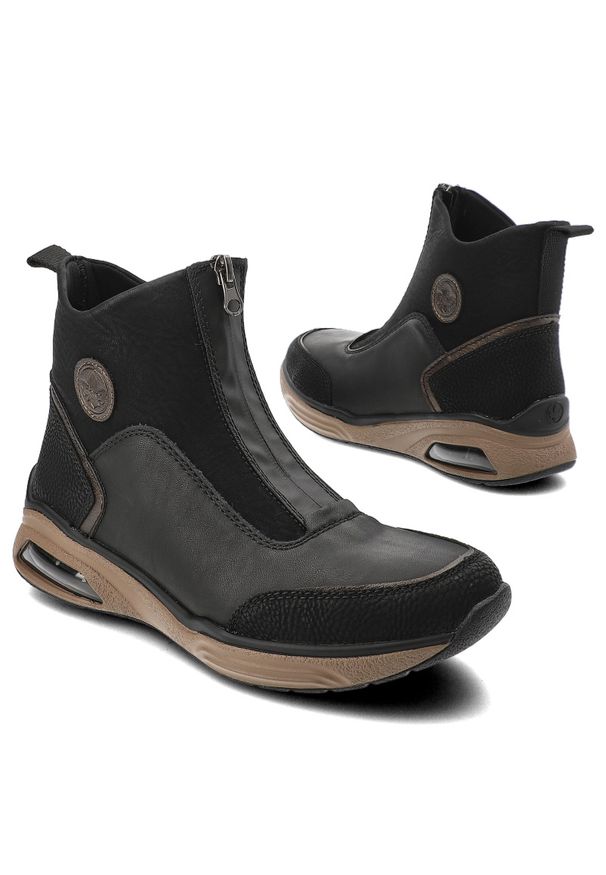 Czarne Botki Rieker Modne Obuwie Damskie. Okazja: na spacer, na co dzień. Zapięcie: zamek. Kolor: czarny. Materiał: materiał. Styl: casual, sportowy