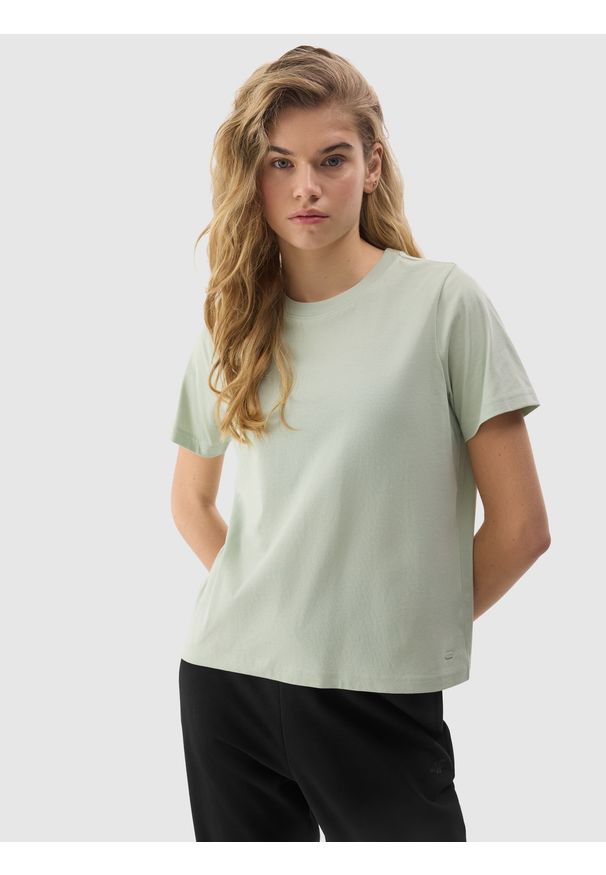 4f - T-shirt gładki z bawełną organiczną damski - zielony. Okazja: na co dzień. Kolor: zielony. Materiał: bawełna. Wzór: gładki. Sezon: lato. Styl: casual, sportowy