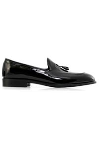 Modini - Czarne lakierowane wsuwane buty męskie - tassel loafers T148. Zapięcie: bez zapięcia. Kolor: czarny. Materiał: lakier. Styl: klasyczny, wizytowy