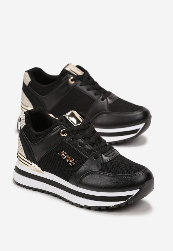 Renee - Czarne Brokatowe Sneakersy na Ozdobnej Podeszwie przed Kostkę Jariana. Wysokość cholewki: przed kostkę. Kolor: czarny
