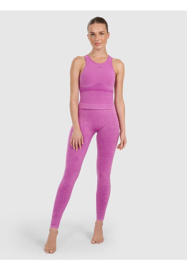 4f - 4F Legginsy do jogi i pilatesu bezszwowe damskie - różowe XS/S. Stan: podwyższony. Kolor: różowy. Materiał: włókno, materiał. Długość: długie. Wzór: ze splotem. Sport: joga i pilates