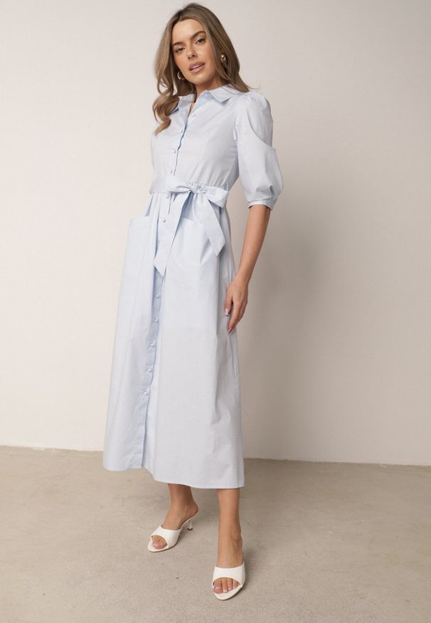 Born2be - Niebieska Rozkloszowana Sukienka Koszulowa w Stylu Retro z Bawełny z Wiązaniem Cirire. Okazja: na co dzień. Kolor: niebieski. Materiał: bawełna. Typ sukienki: koszulowe. Styl: retro