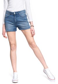 Wrangler - DAMSKIE SHORTY JEANSOWE WRANGLER BOYFRIEND SHORT WORN BLUE W22KKN079 112127818. Materiał: jeans