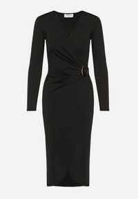 Born2be - Czarna Sukienka Taliowana z Kopertowymi Dekoltem i Metaliczną Aplikacją Ninolira. Kolor: czarny. Długość rękawa: długi rękaw. Wzór: aplikacja. Typ sukienki: kopertowe #4