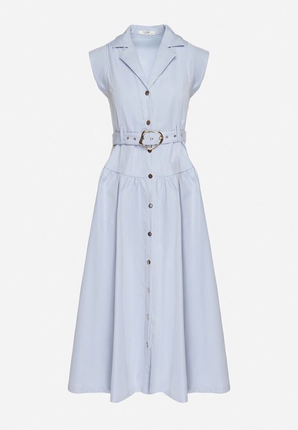 Born2be - Niebieska Sukienka Koszulowa Ozdobiona Paskiem Devikka. Okazja: na co dzień. Kolor: niebieski. Materiał: skóra. Wzór: aplikacja. Typ sukienki: koszulowe. Styl: casual, klasyczny, elegancki