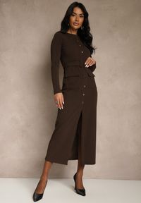 Renee - Brązowa Koszulowa Sukienka z Wiskozą Ozdobiona Paskiem i Guzikami Vetionna. Okazja: na co dzień, na imprezę. Kolor: brązowy. Materiał: wiskoza. Wzór: aplikacja. Typ sukienki: koszulowe. Styl: casual, elegancki. Długość: midi #5