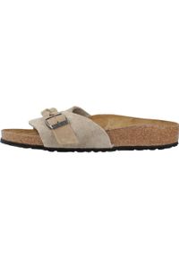 Klapki damskie Birkenstock Oita Braided Taupe Suede Calz S. Kolor: beżowy, brązowy. Materiał: skóra, syntetyk, materiał, tkanina, zamsz