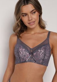 Born2be - Szaro-Różowy Biustonosz z Koronką i Transparentną Wstawką Heliphine. Kolor: szary. Materiał: koronka. Wzór: koronka #1