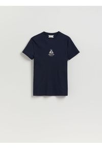 Reserved - Bawełniany t-shirt slim fit - granatowy. Kolor: niebieski. Materiał: bawełna
