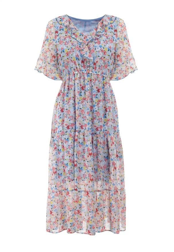 Born2be - Jasnoniebieska Sukienka Pronameia. Typ kołnierza: kołnierz z falbankami. Kolor: niebieski. Długość rękawa: krótki rękaw. Wzór: kolorowy, aplikacja, kwiaty. Styl: klasyczny. Długość: midi