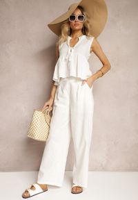 Renee - Białe Spodnie z Bawełny i Lnem High Waist Kolalia. Stan: podwyższony. Kolor: biały. Materiał: bawełna, len. Sezon: lato #1
